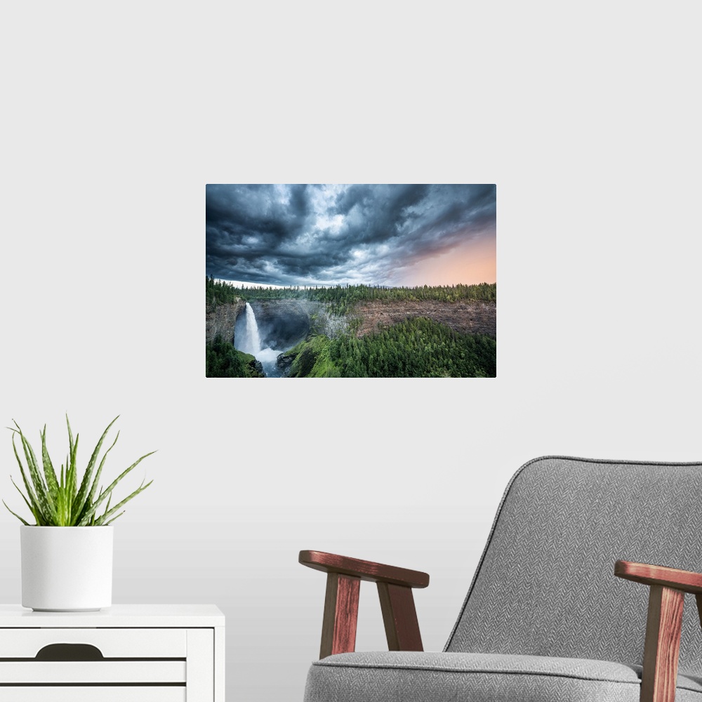 A modern room featuring Helmcken Falls, Wells Gray Provincial Park, British Columbia, Canada. Stormy weather