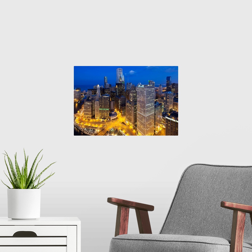 A modern room featuring USA, Illinois, Chicago. Dusk view over the city.