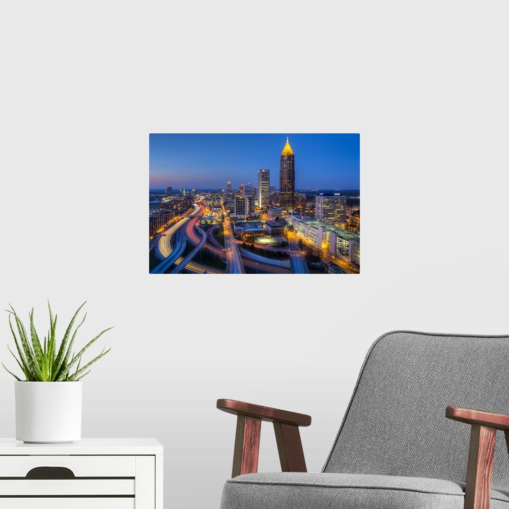 A modern room featuring Elevated view over Interstate 85 passing the Midtown Atlanta skyline, Georgia, United States of A...