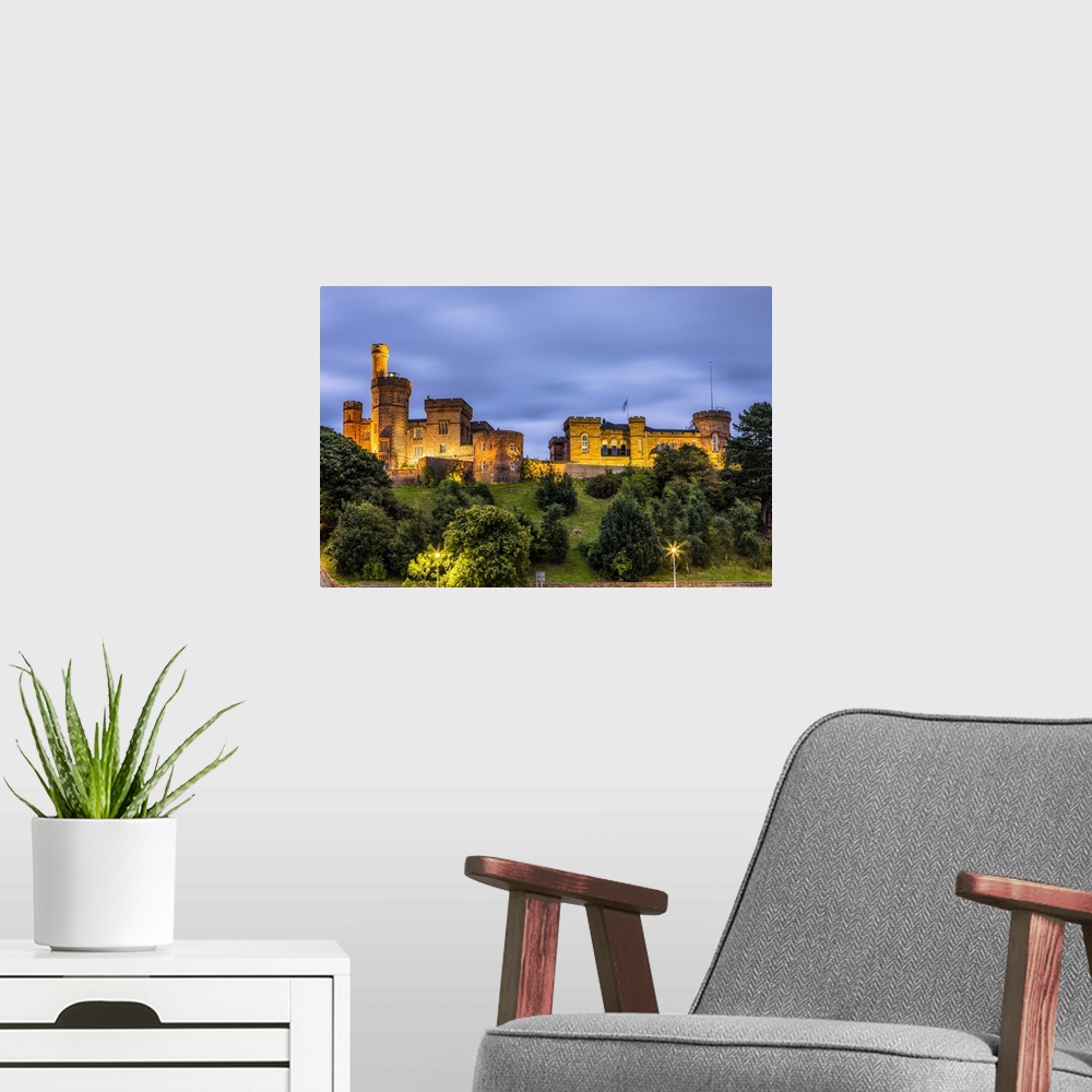 A modern room featuring Inverness Castle in early evening, Scotland, United Kingdom. Inverness, Scotland.