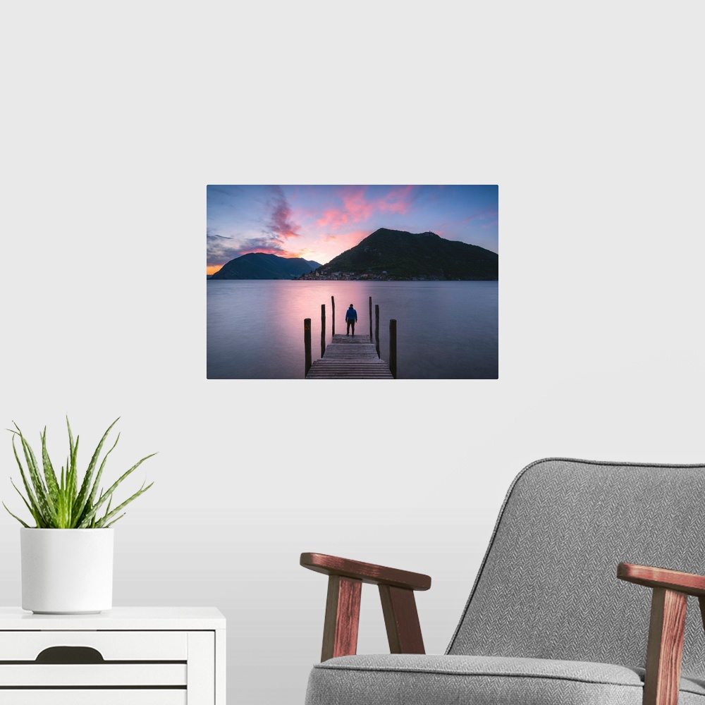 A modern room featuring Iseo lake at sunset, Brescia province, Lombardy district, Italy, Europe