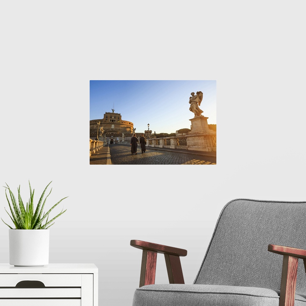 A modern room featuring Italy, Rome, two monks walking at Mausoleum of Hadrian (known as Castel Sant'Angelo)  at sunrise