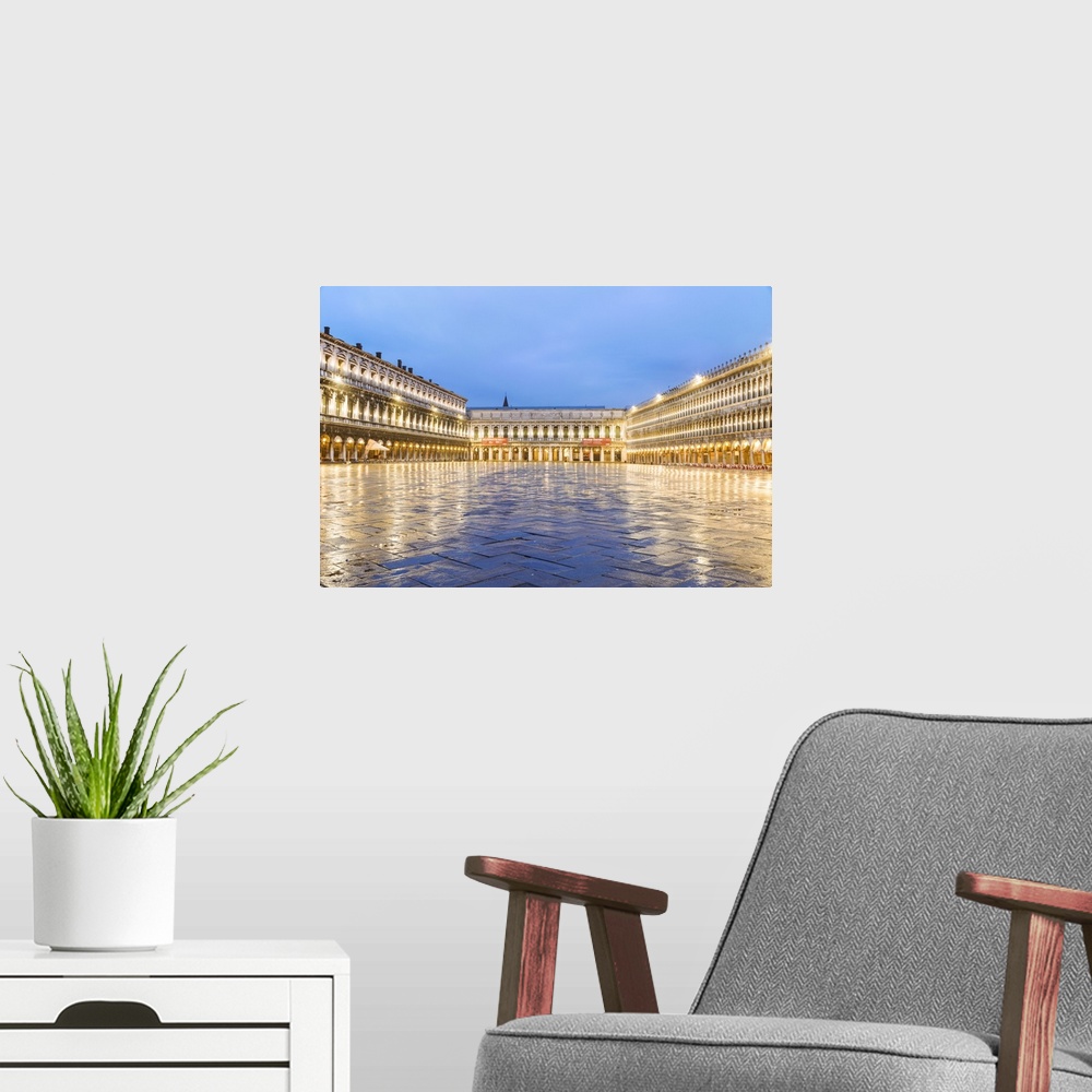 A modern room featuring Italy, Veneto, Venice. St Marks square illuminated before dawn