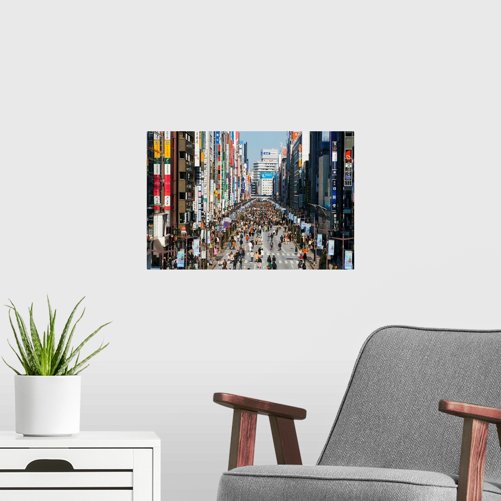 A modern room featuring Asia, Japan, Honshu, Tokyo, Ginza, elevated view along Chuo-dori, the most fashionable shopping s...