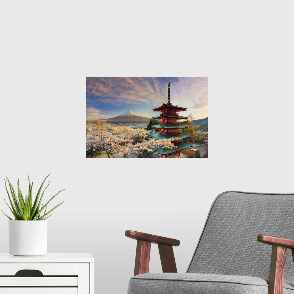 A modern room featuring Japan, Yamanashi Prefecture, Fuji-Yoshida, Chureito Pagoda, Mt Fuji and Cherry Blossoms.