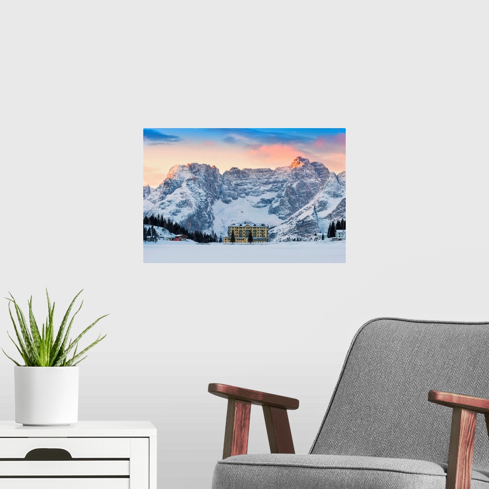 A modern room featuring Lake Misurina And Sorapiss Mountain In Winter Europe, Italy, Veneto, Belluno District, Cortina, M...