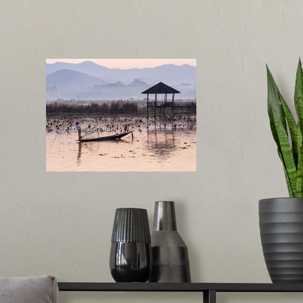 A modern room featuring Leg-rowing fisherman of Inle Lake in the morning mist, Shan State, Myanmar