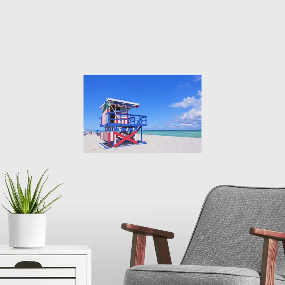 A modern room featuring Lifeguard beach hut, Miami beach, Miami, Florida, USA.