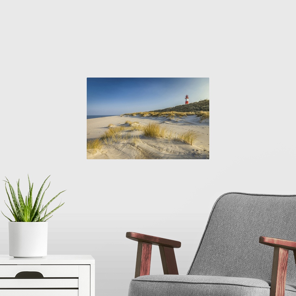 A modern room featuring List-Ost lighthouse and beach on the Ellenbogen Peninsula, Sylt, Schleswig-Holstein, Germany.