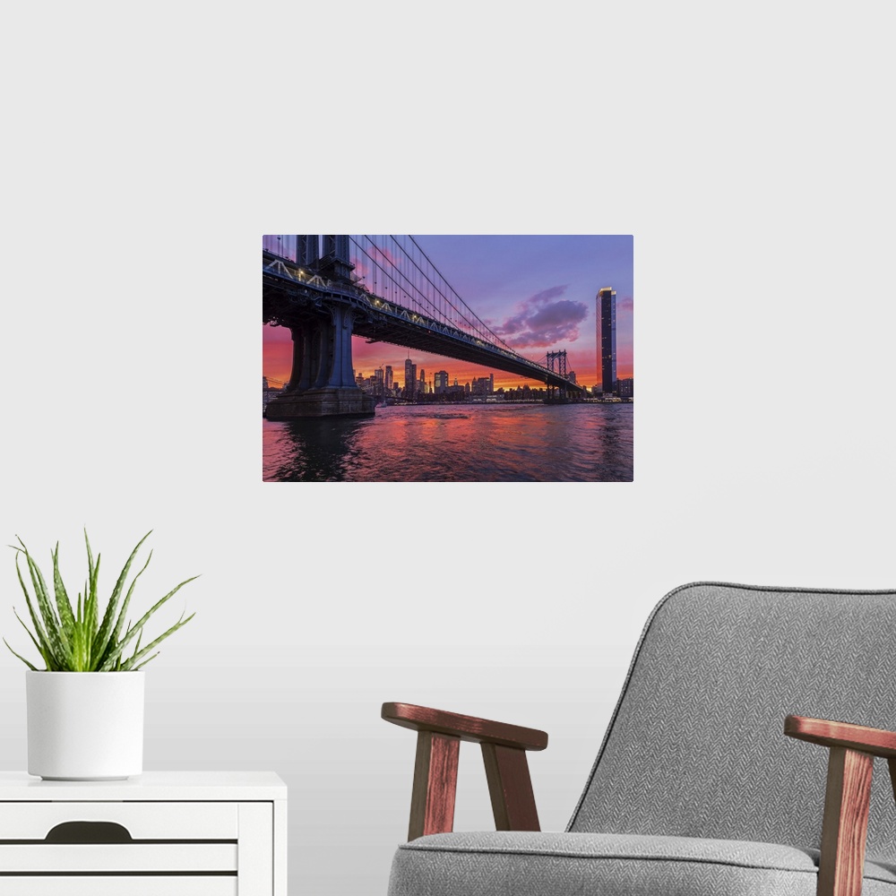 A modern room featuring View from Manhattan Bridge to Lower Manhattan with One World Trade Center, New York City, New Yor...