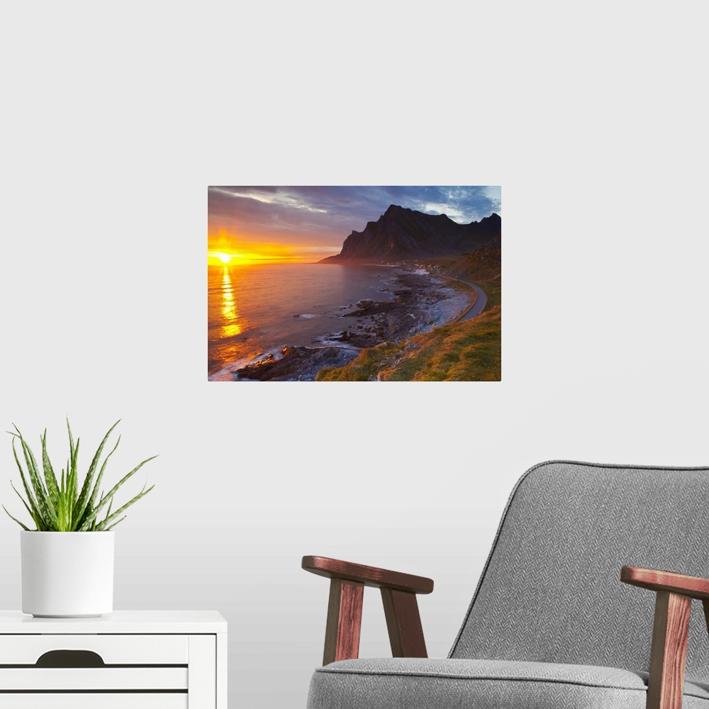 A modern room featuring Mightnight Sun over Dramatic Coastal landscape, Vikten, Flakstadsoya, Lofoten, Norway