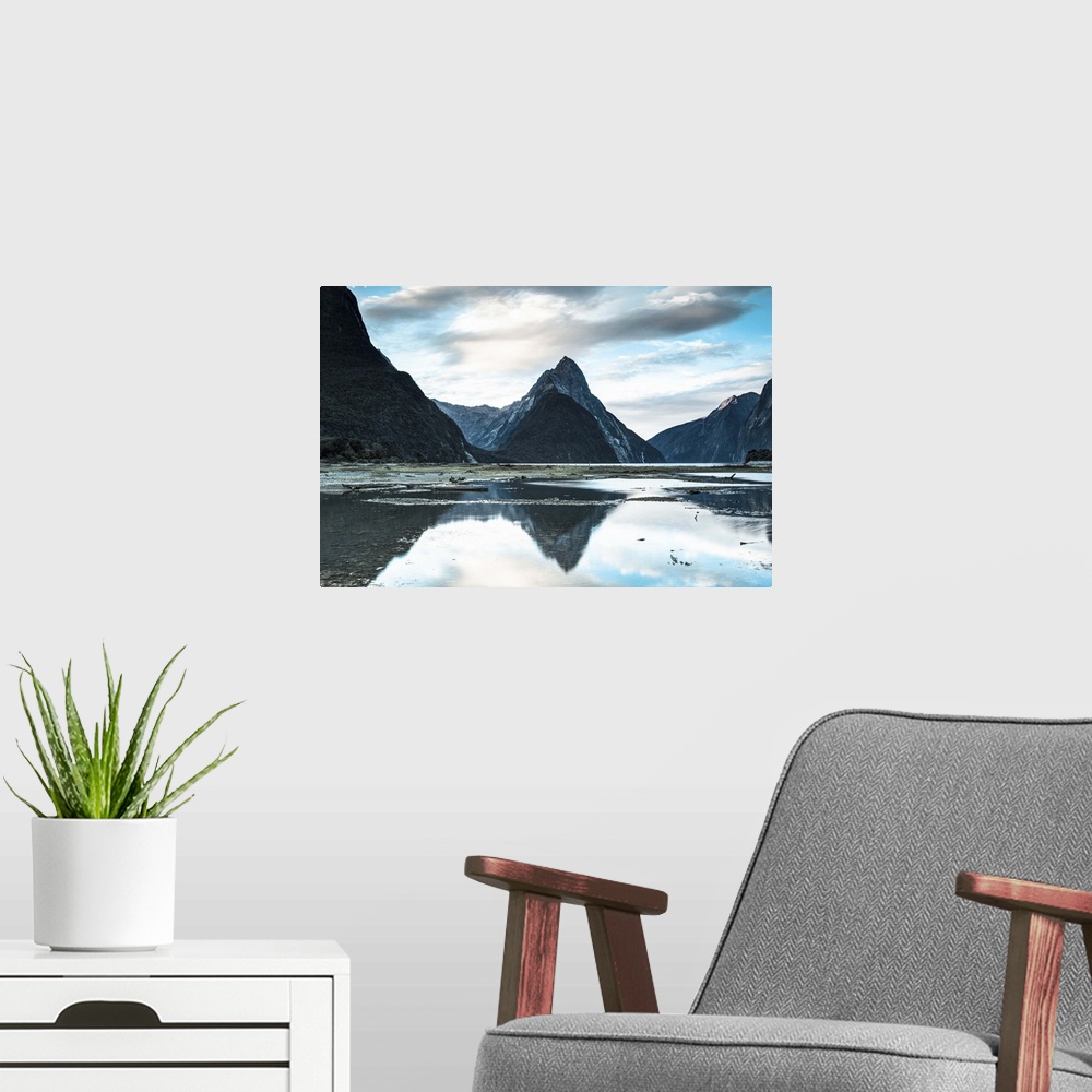 A modern room featuring The dramatic Mitre Peak, Milford Sound, Fiordland, South Island, New Zealand
