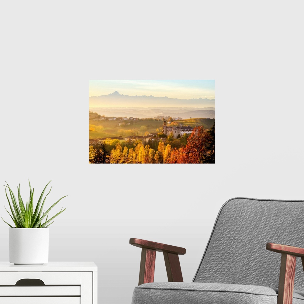 A modern room featuring Monferrato hills with foliage and view of Costigliole d'asti, Costigliole d'asti, Piedmont, Italy