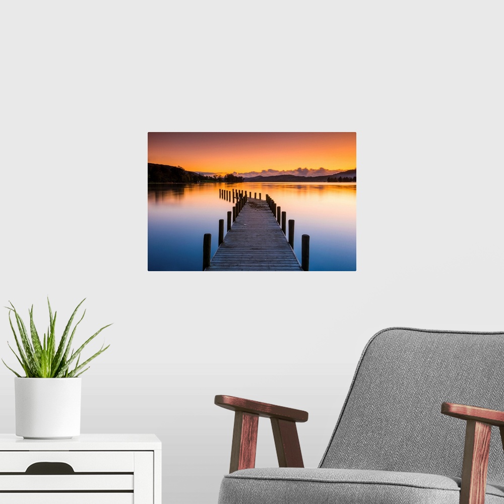 A modern room featuring Monk Jetty At Sunset, Coniston Water, Lake District National Park, Cumbria, England