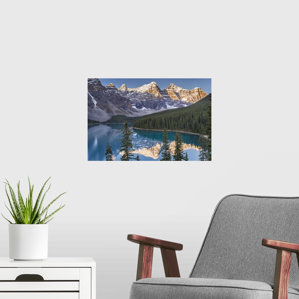 A modern room featuring Moraine Lake and the Valley of the Ten Peaks, Rockies, Banff National Park, Alberta, Canada. Autu...
