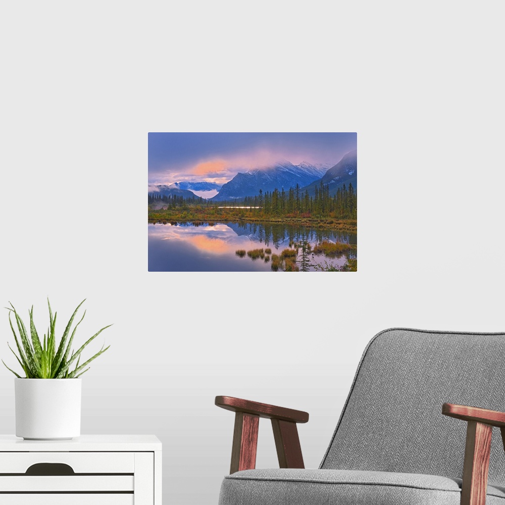 A modern room featuring Morning light peaking through clouds, Banff National Park, Alberta, Canada