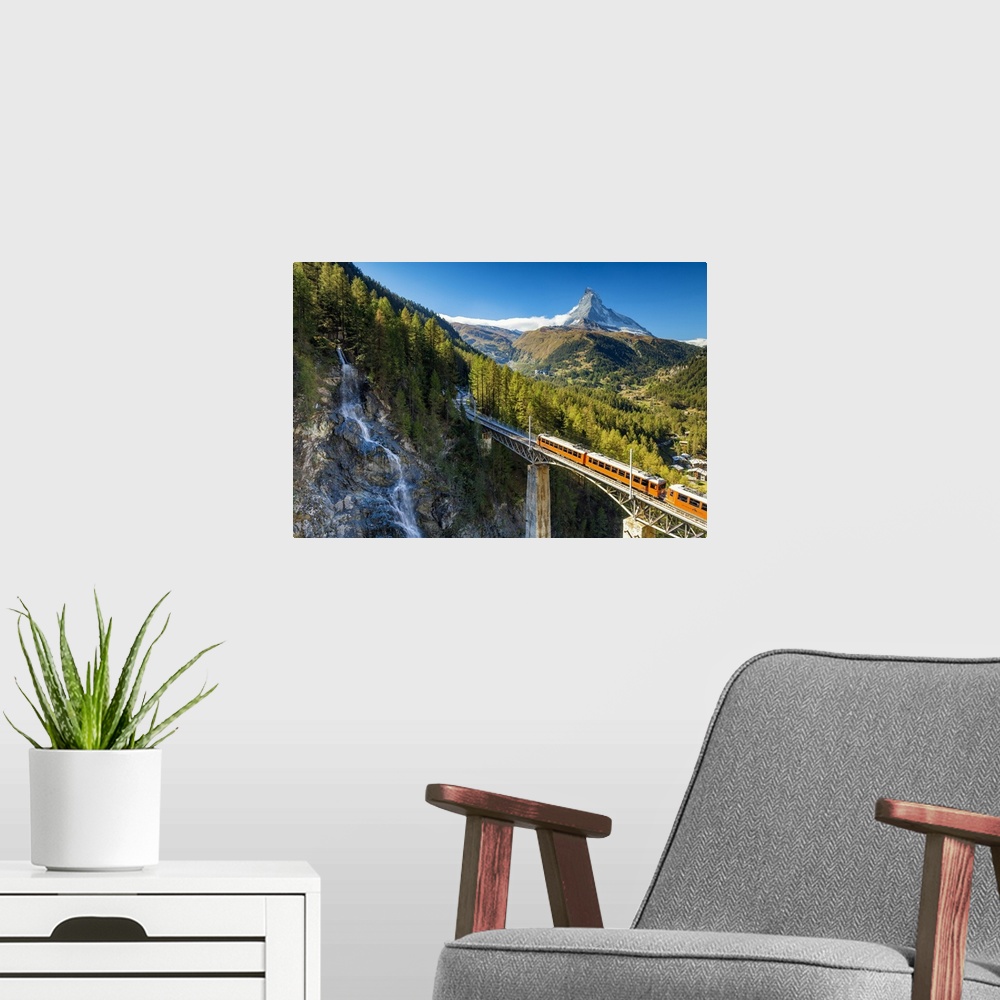 A modern room featuring Mountain Train & Matterhorn, Zermatt, Valais Region, Switzerland.