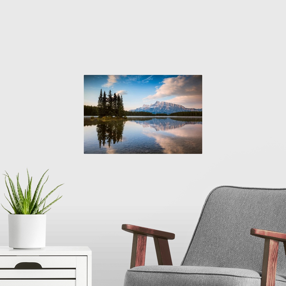 A modern room featuring Mt Rundle At Sunrise, Two Jack Lake, Banff National Park, Alberta, Canada