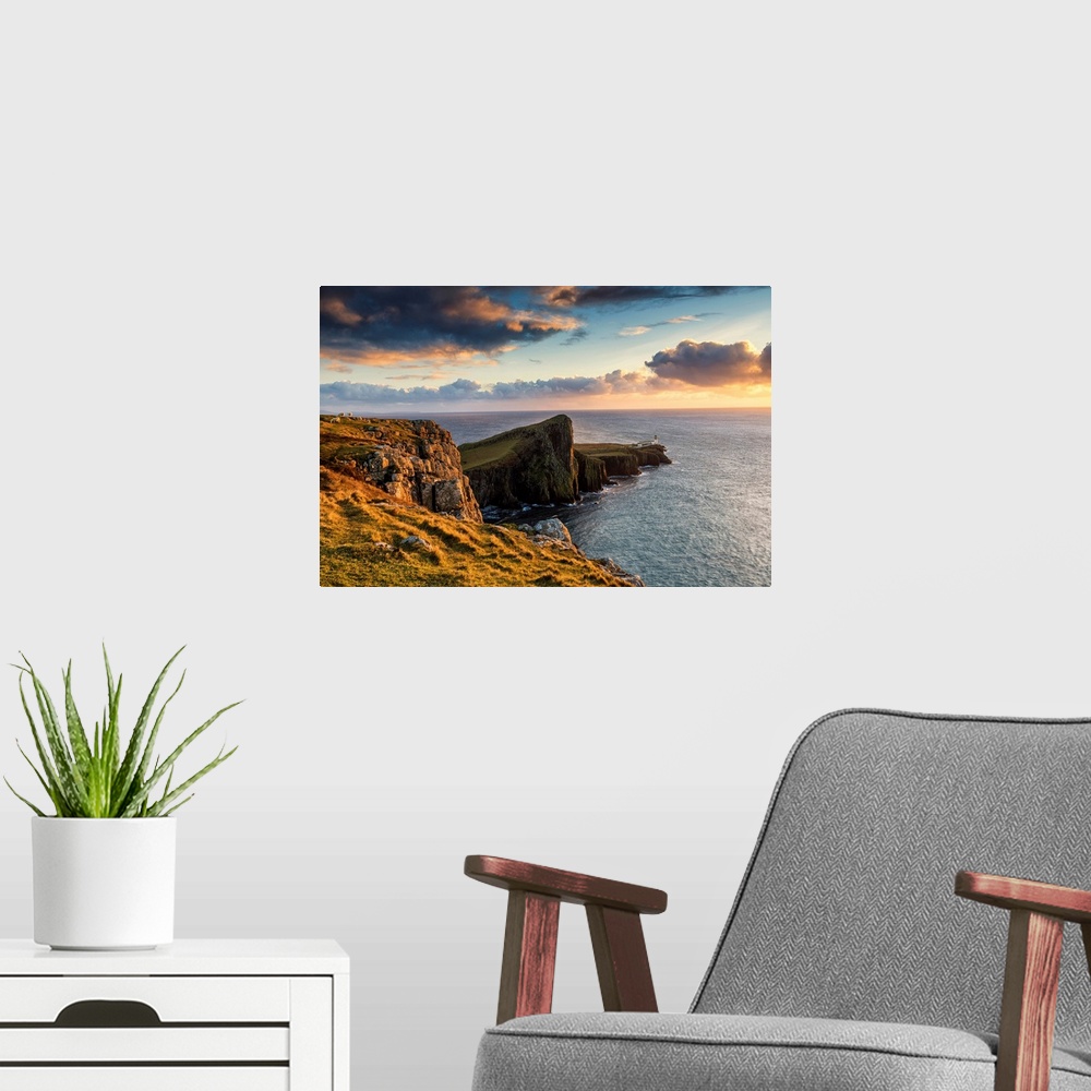 A modern room featuring Neist Point Lighthouse At Sunset, Isle Of Skye, Highland Region, Scotland