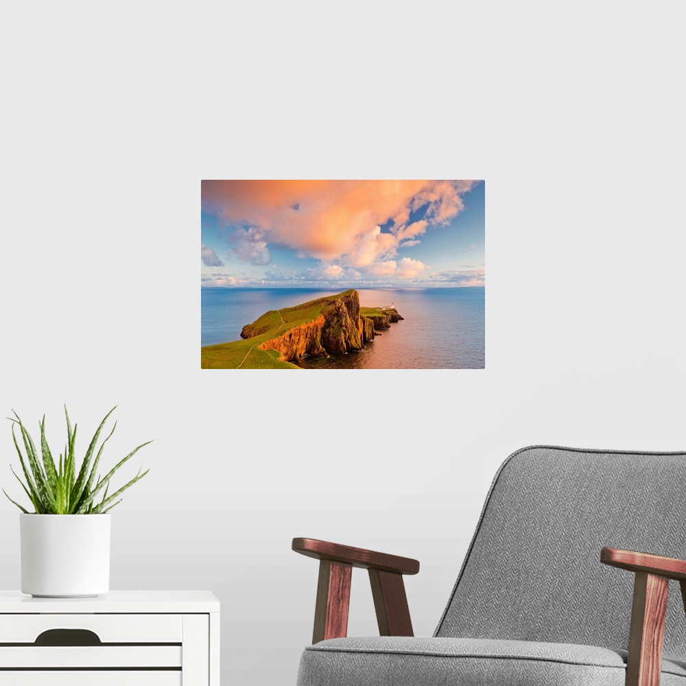 A modern room featuring Neist Point Lighthouse At Sunset, Isle Of Skye, Scotland