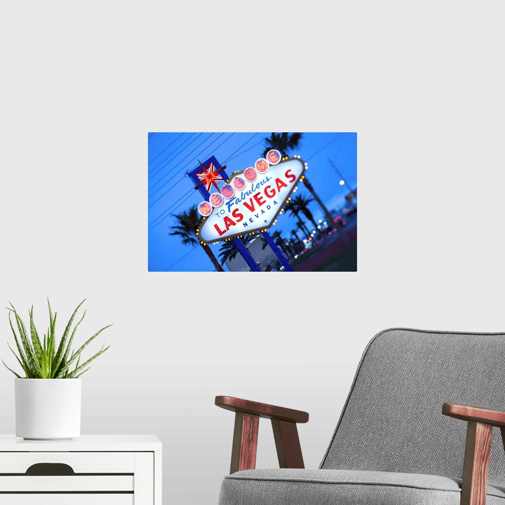 A modern room featuring USA, Nevada, Las Vegas, Welcome to Fabulous Las Vegas Sign, defocussed