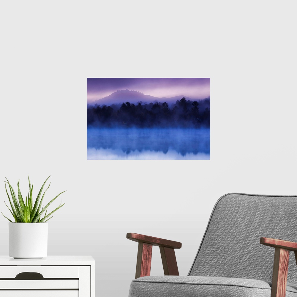 A modern room featuring USA, New York, Adirondack Mountains, Lake Placid, Mirror Lake, dawn fog