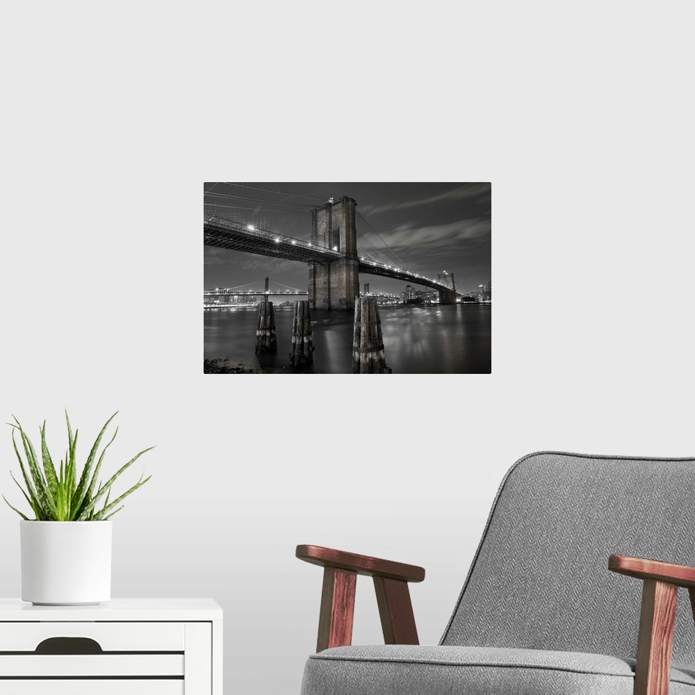 A modern room featuring USA, New York City, Manhattan,  The Brooklyn and Manhattan Bridges spanning the East river