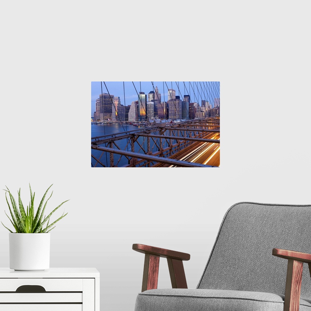 A modern room featuring USA, New York City, Manhattan,  Downtown Financial District City Skyline viewed from the Brooklyn...