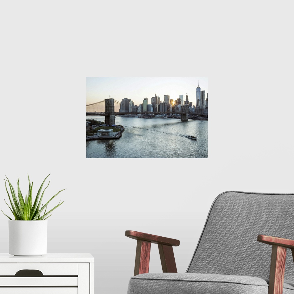 A modern room featuring USA, New York, Manhattan, Lower Manhattan, Brooklyn Bridge and East River.