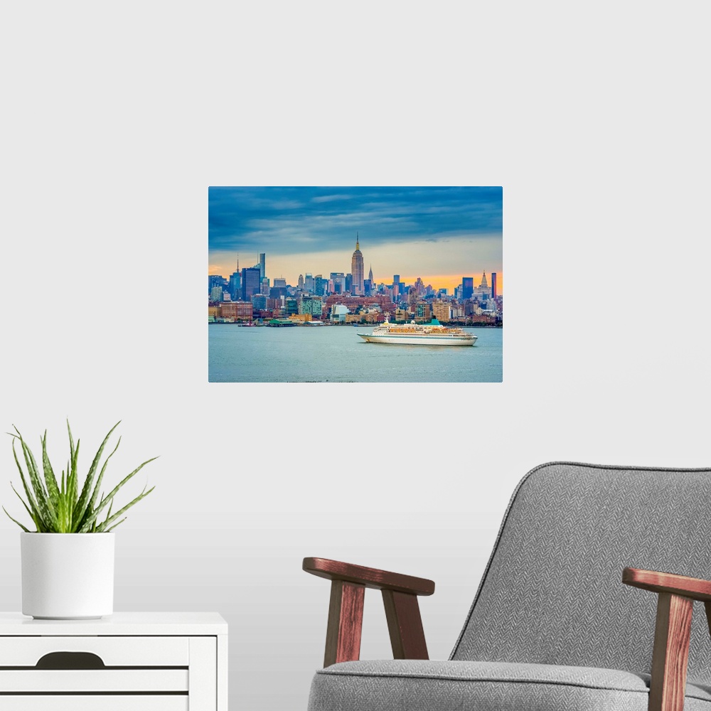 A modern room featuring USA, New York, Manhattan, Midtown Manhattan and Empire State Building across Hudson River.