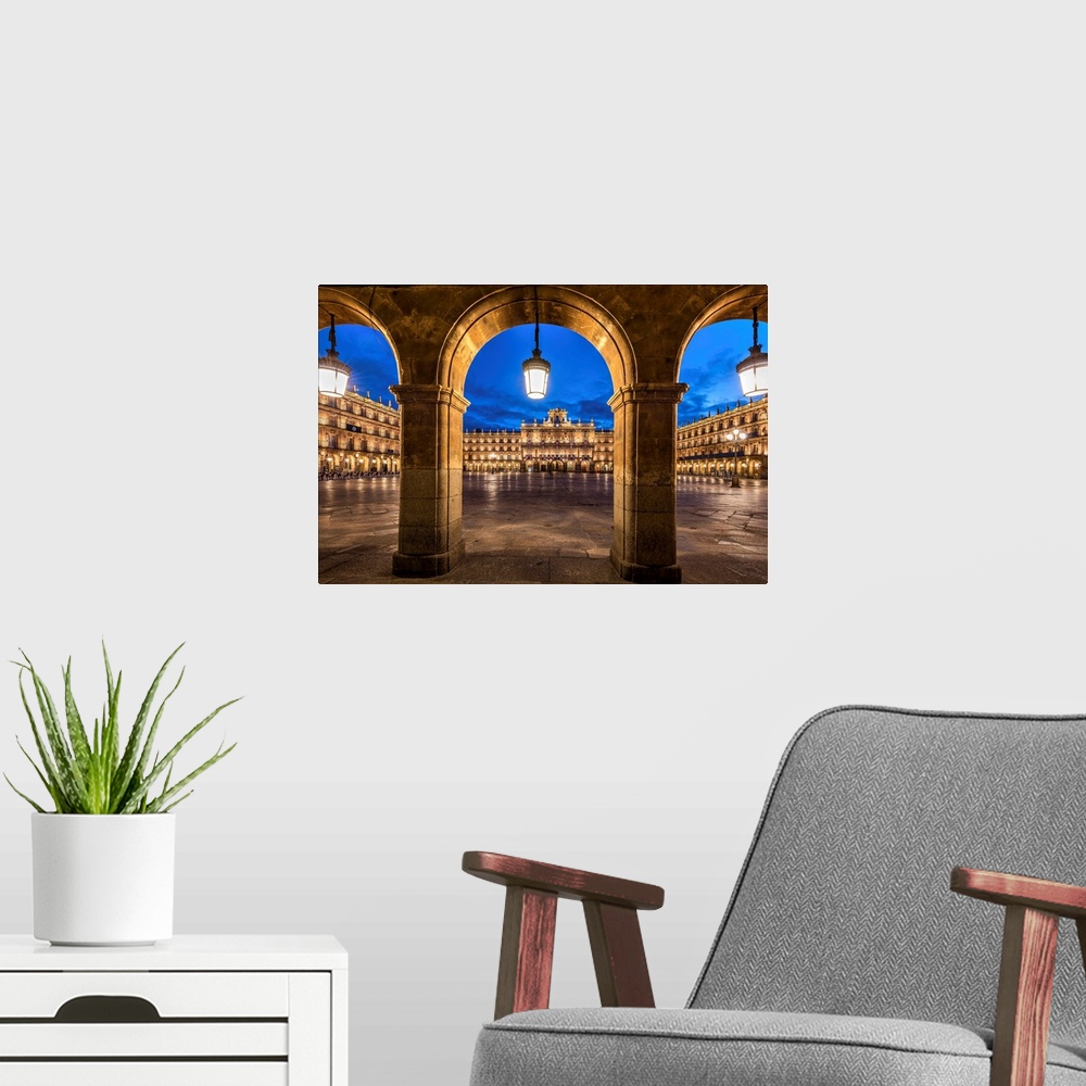 A modern room featuring Night View Of Plaza Mayor, Salamanca, Castile And Leon, Spain