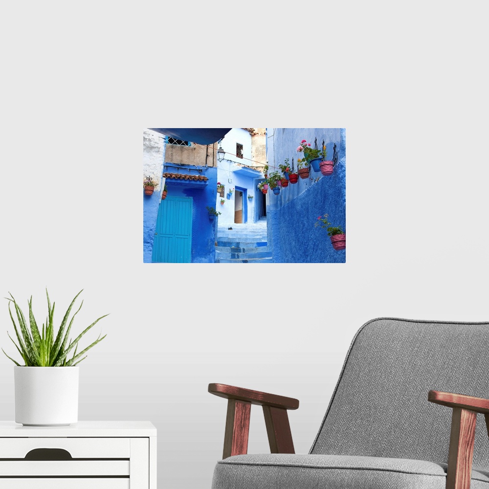 A modern room featuring North Africa, Morocco, Chefchaouen district. Details of the city.