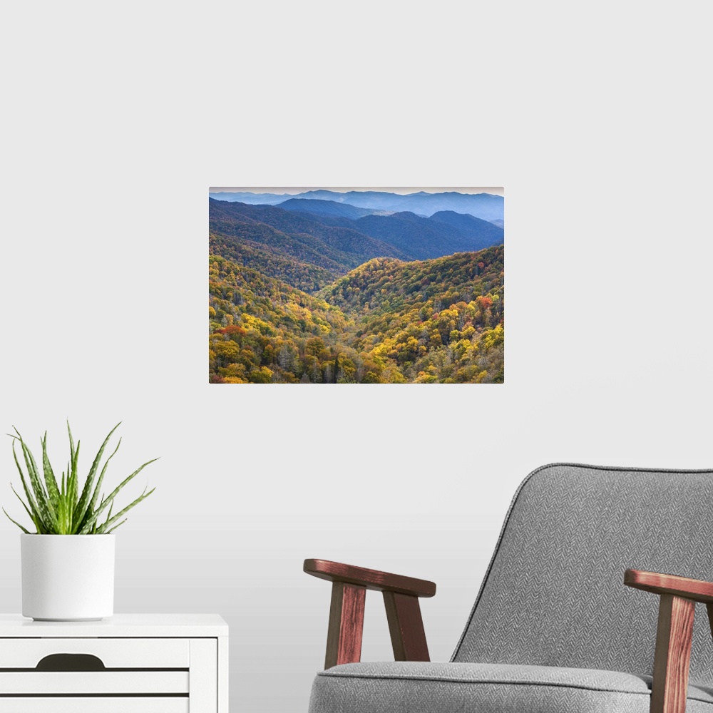 A modern room featuring USA, North Carolina, Great Smoky Mountains National Park, autumn panorama from Newfound Gap