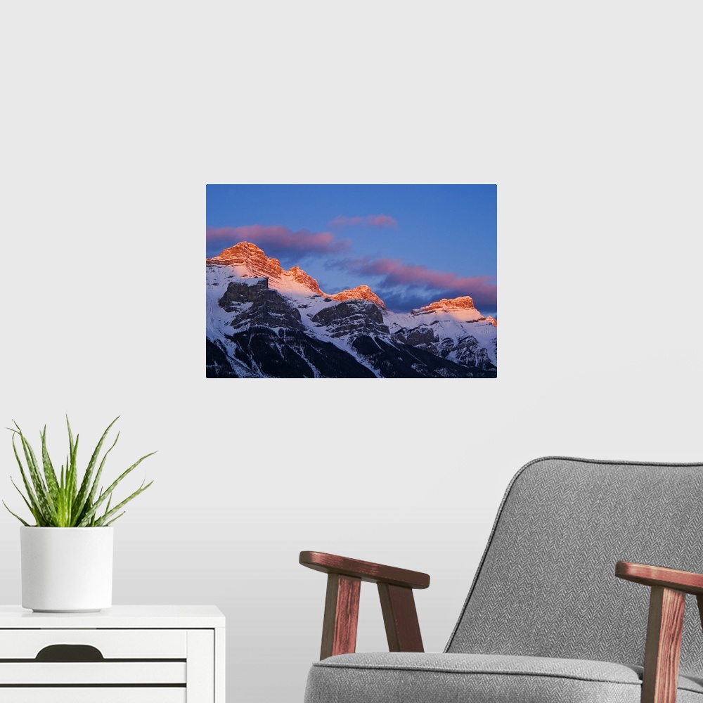A modern room featuring Peaks of Mt. Rundle at sunrise From Canmore, East of Banff National Park, Alberta, Canada