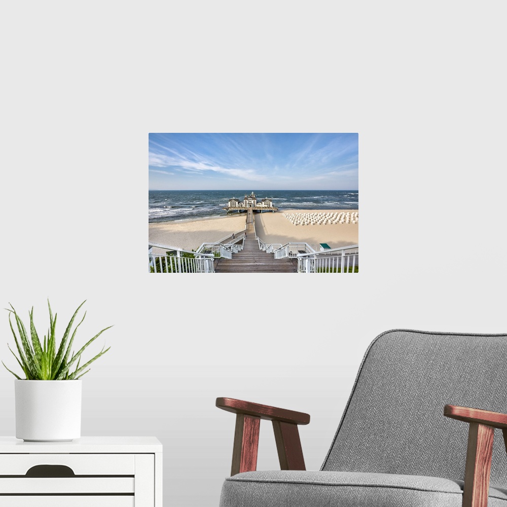 A modern room featuring Pier, beach and beach baskets, Sellin, Rugen Island, Mecklenburg-Western Pomerania, Germany