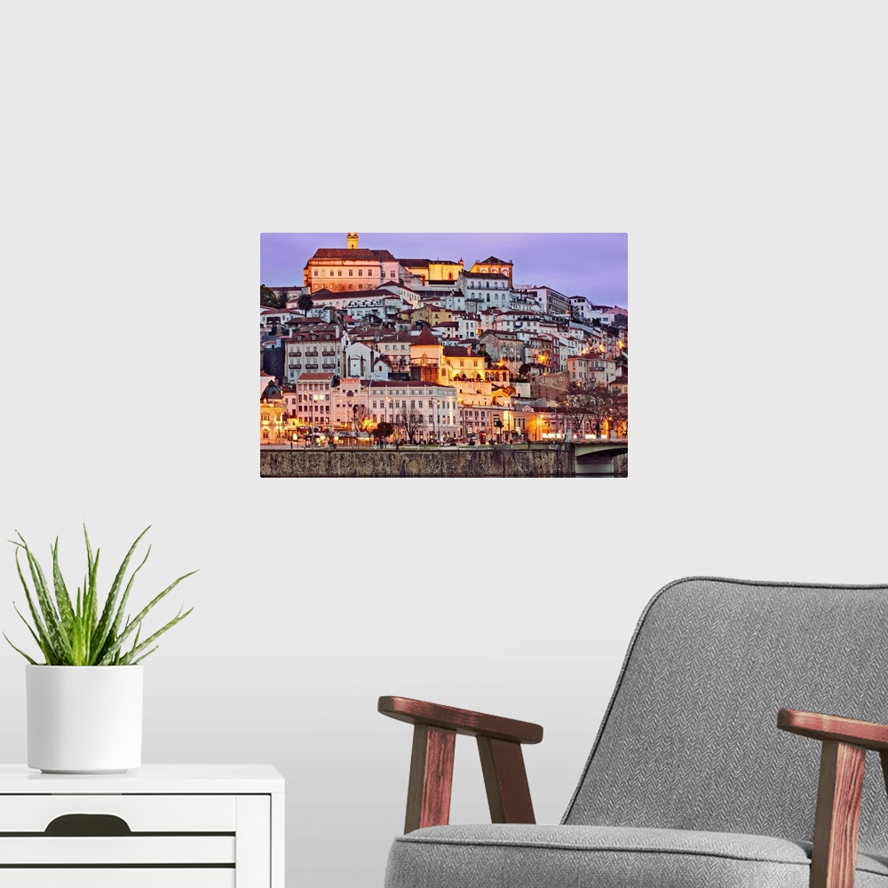 A modern room featuring Europe, Portugal, Centro, Baixo Mondego, Coimbra, twilight view of the medieval city centre, the ...