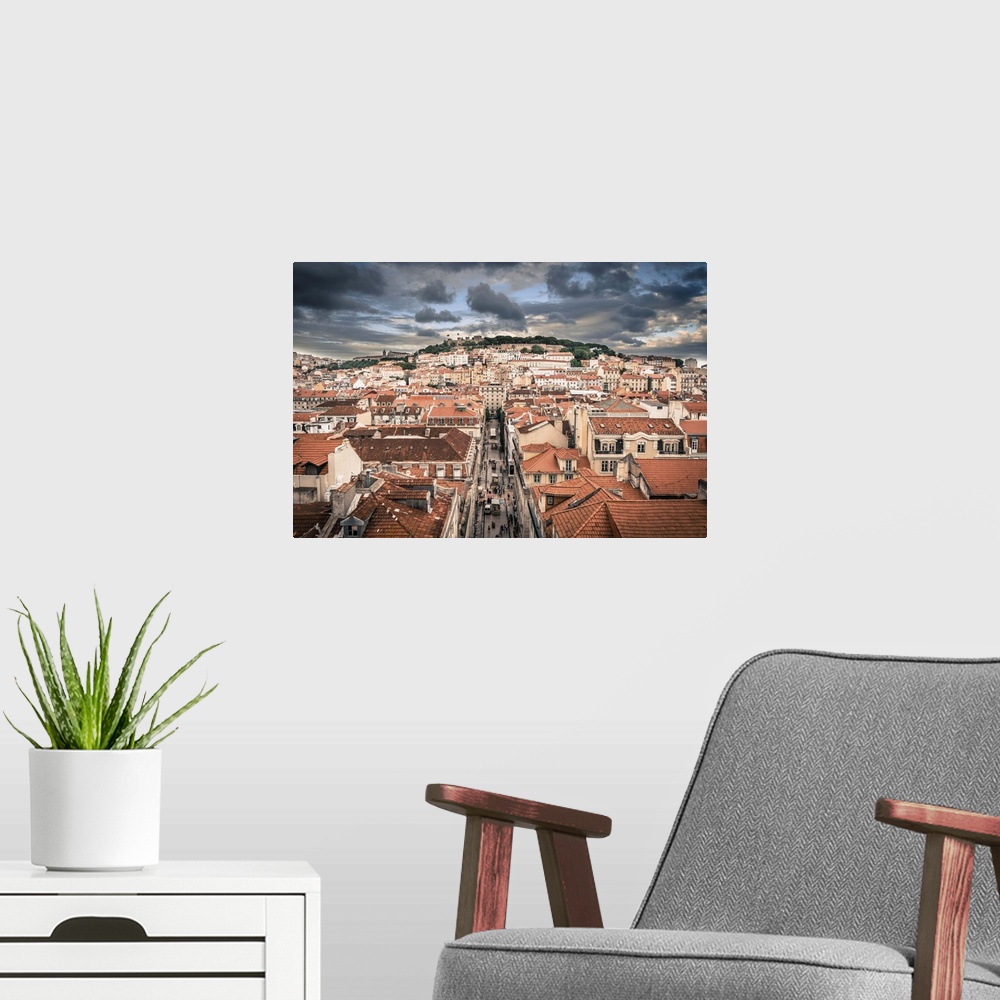 A modern room featuring Portugal, Lisbon, rooftop view of Baixa District with Sao Jorge Castle and Alfama District beyond