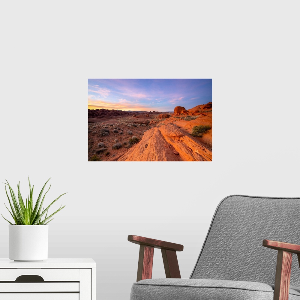 A modern room featuring Red rocks at White Domes area at sunset, Valley of Fire State Park, Nevada, Western United States...