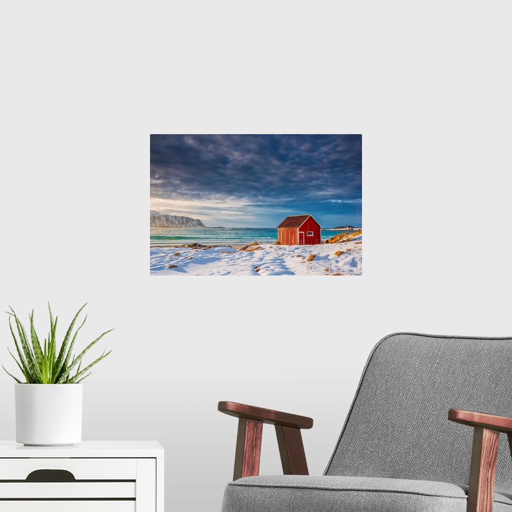 A modern room featuring Red Shack In Winter, Lofoten Islands, Norway