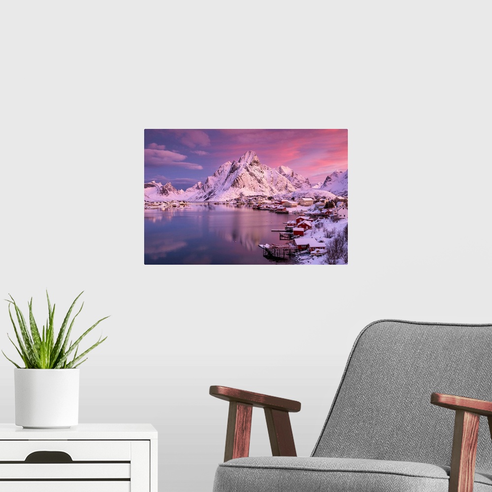 A modern room featuring Reine At Sunrise, Lofoten Islands, Norway