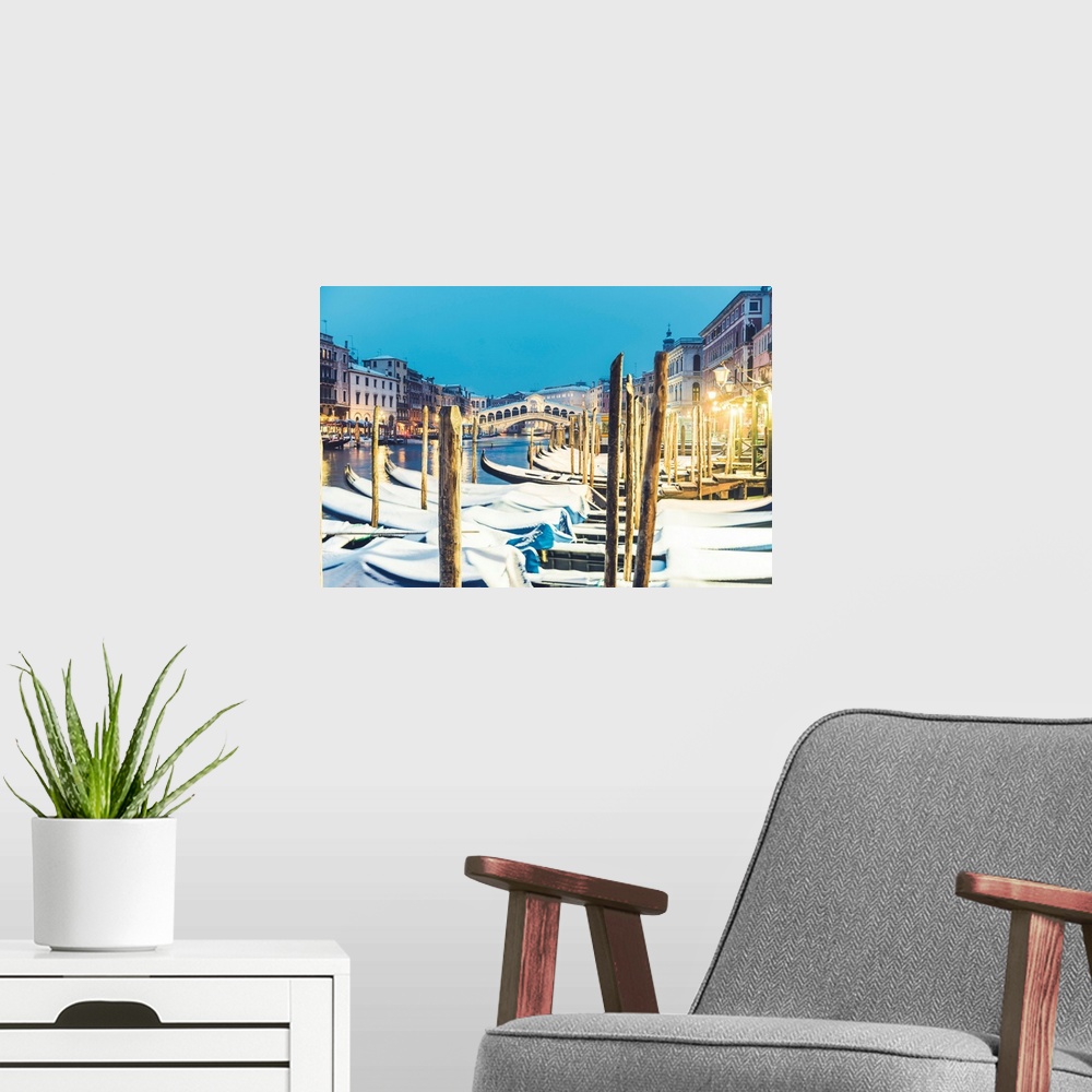 A modern room featuring Rialto Bridge At Dusk In Winter, Venice, Veneto, Italy