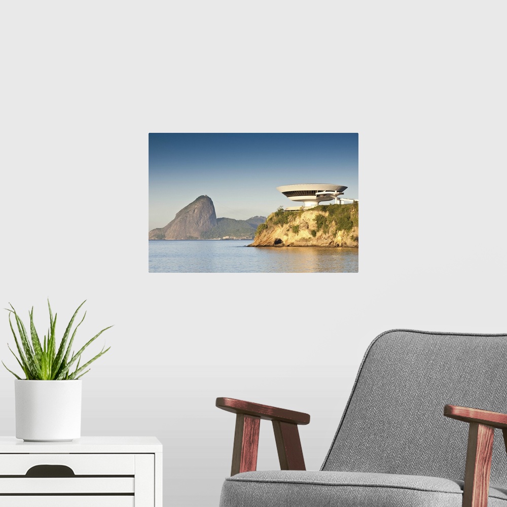 A modern room featuring South America, Rio de Janeiro, Niteroi, Oscar Niemeyer's Contemporary Art Museum (MAC Niteroi) in...