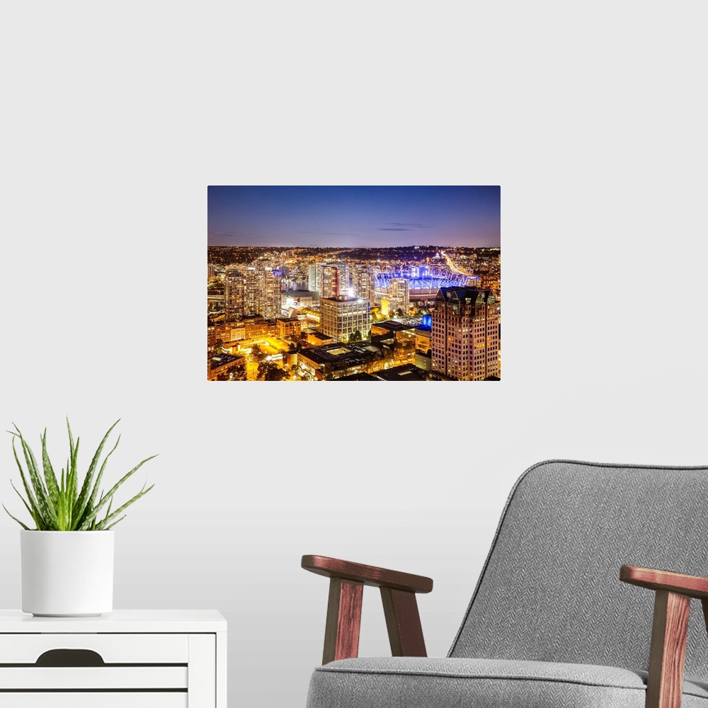 A modern room featuring Skyline At Dusk, Vancouver, British Columbia, Canada