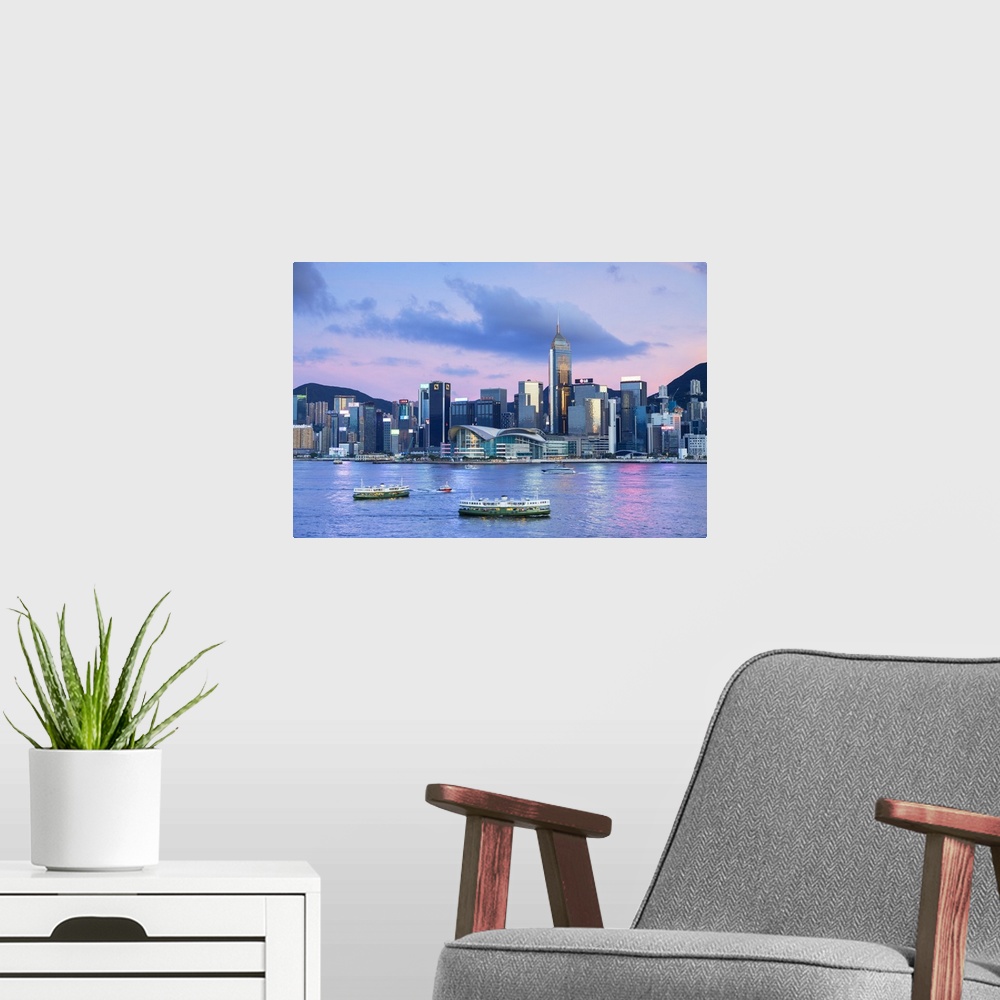 A modern room featuring Skyline of Wan Chai on Hong Kong Island at sunset, Hong Kong