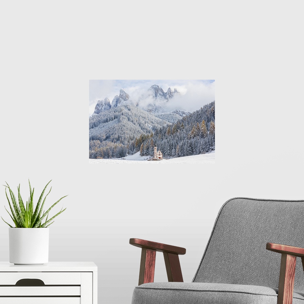A modern room featuring Snow, winter, St Johann Church, Val di Funes, Dolomites, Italy