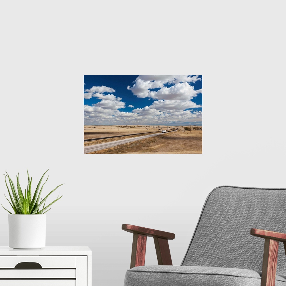 A modern room featuring USA, South Dakota, Cactus Flat, elevated view of Interstate highway I-90