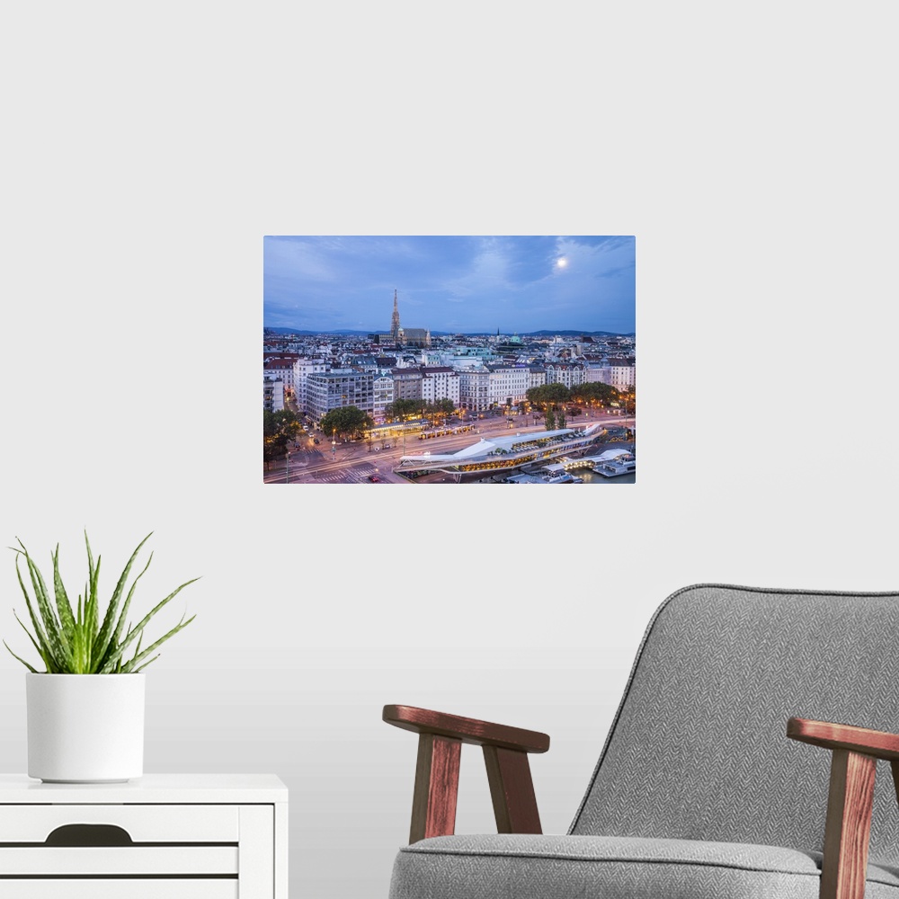 A modern room featuring Stephansdom cathedral and city skyline, Vienna, Austria