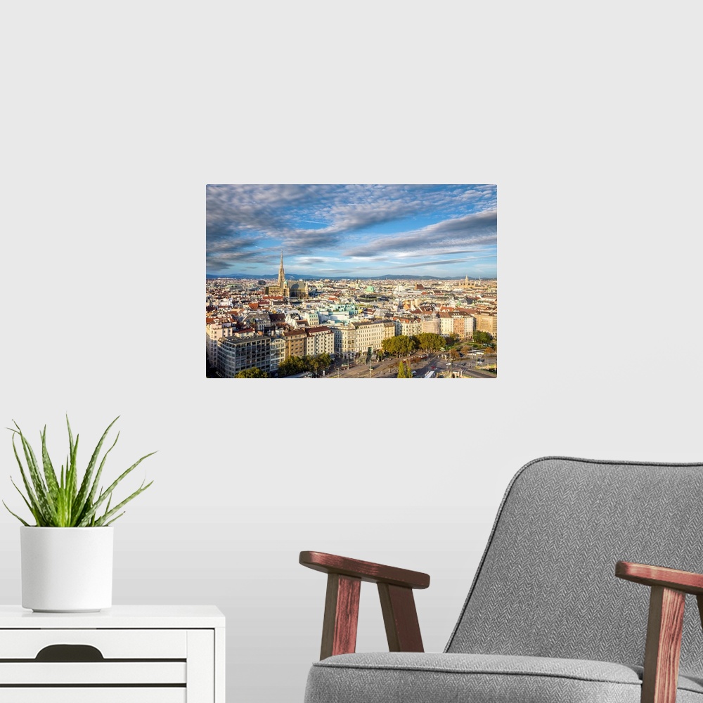 A modern room featuring Stephansdom cathedral and city skyline, Vienna, Austria