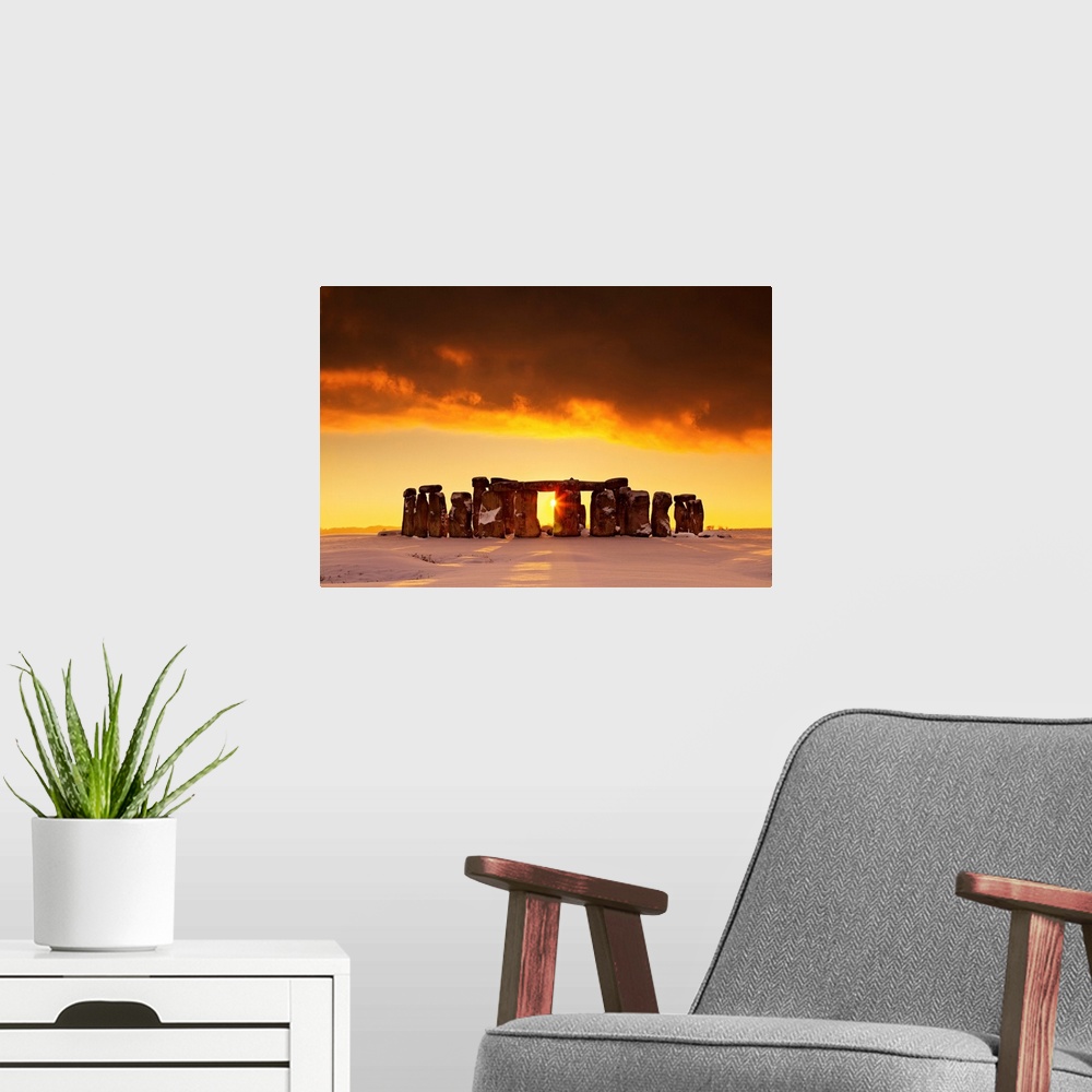 A modern room featuring Stonehenge At Sunset In Winter, Salisbury Plain, Wiltshire, England