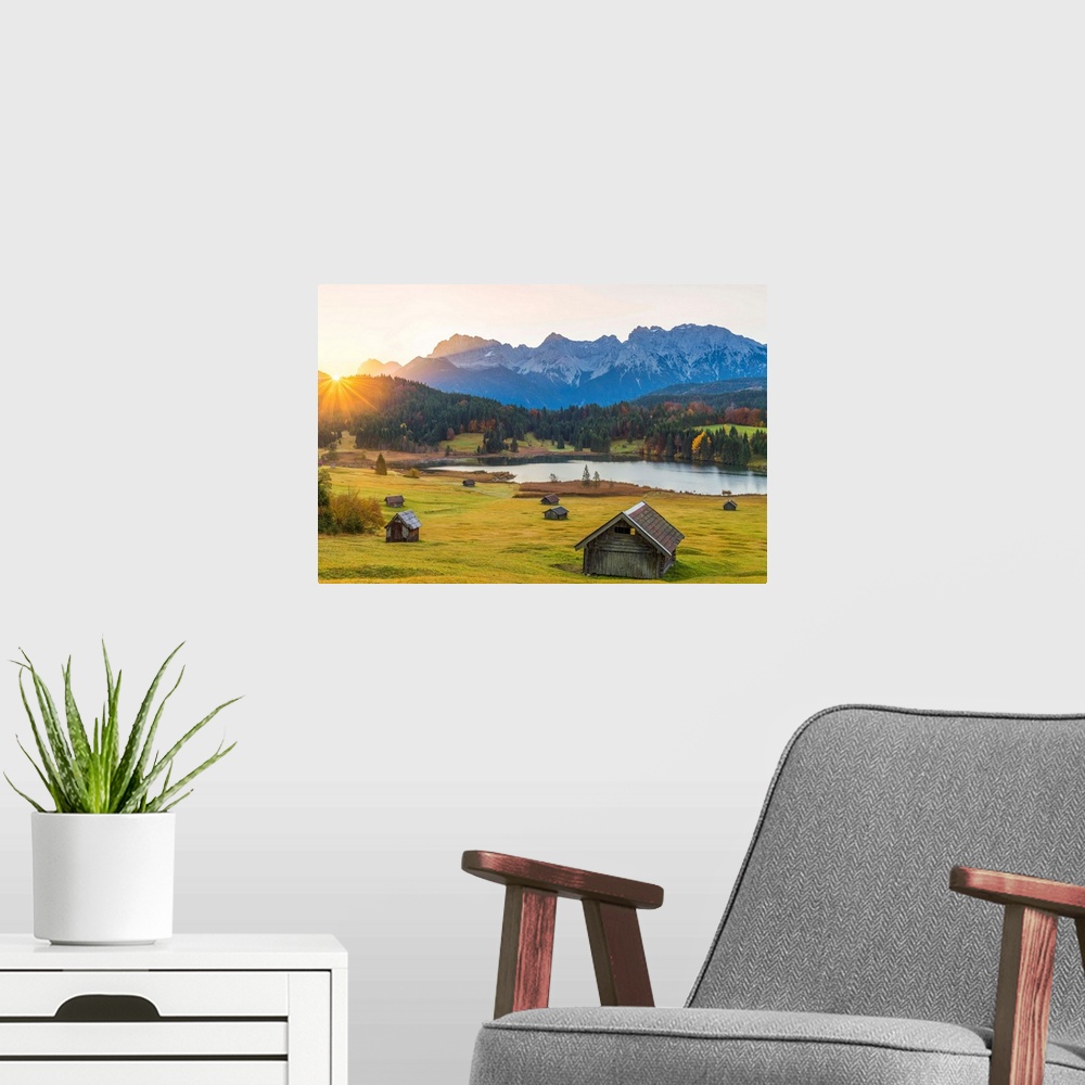 A modern room featuring Gerold, Garmisch Partenkirchen, Bavaria, Germany, Europe. Sunrise At Gerold. Karwendel Range In T...